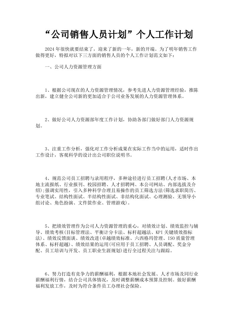 公司销售人员计划个人工作计划