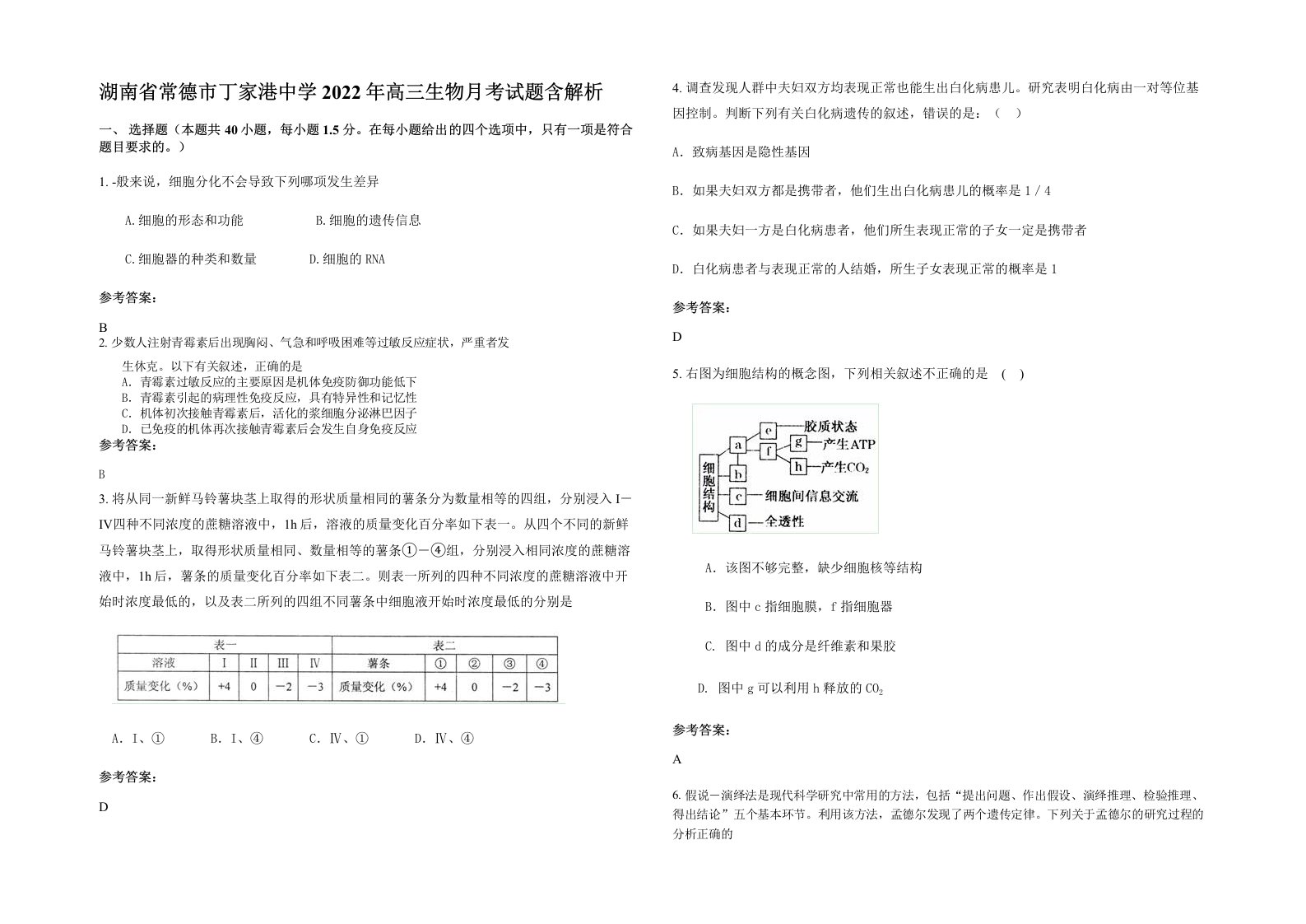 湖南省常德市丁家港中学2022年高三生物月考试题含解析