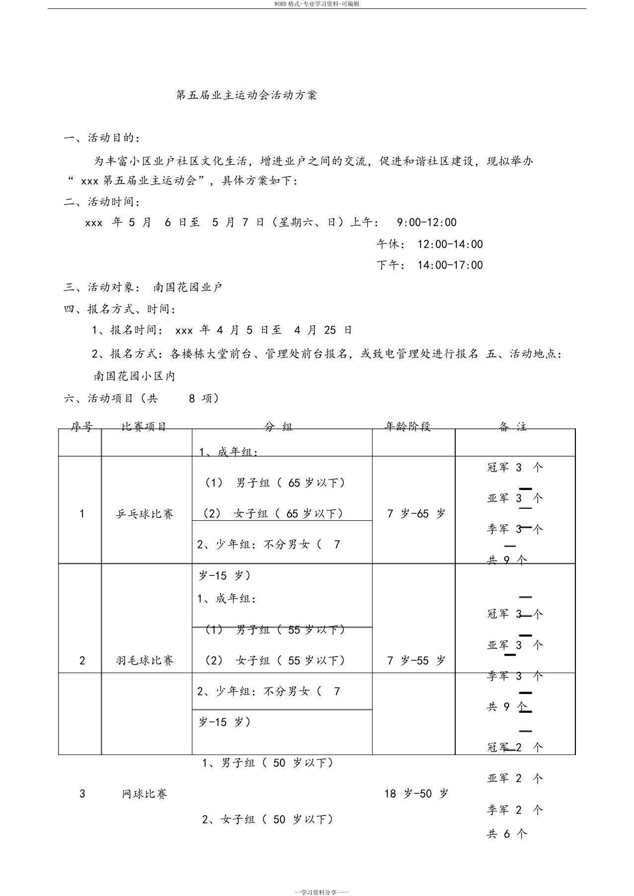 物业组织业主运动会活动方案