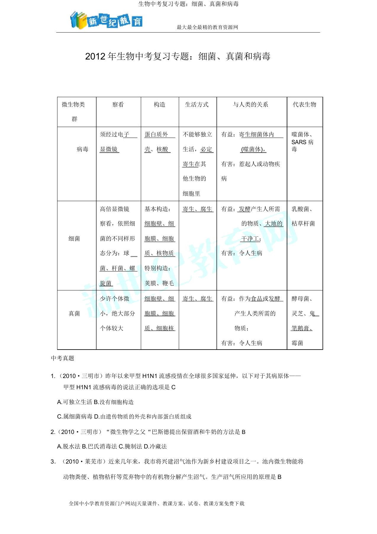 生物中考复习专题细菌真菌和病毒