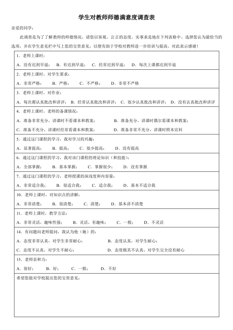 学生对教师授课满意度调查表