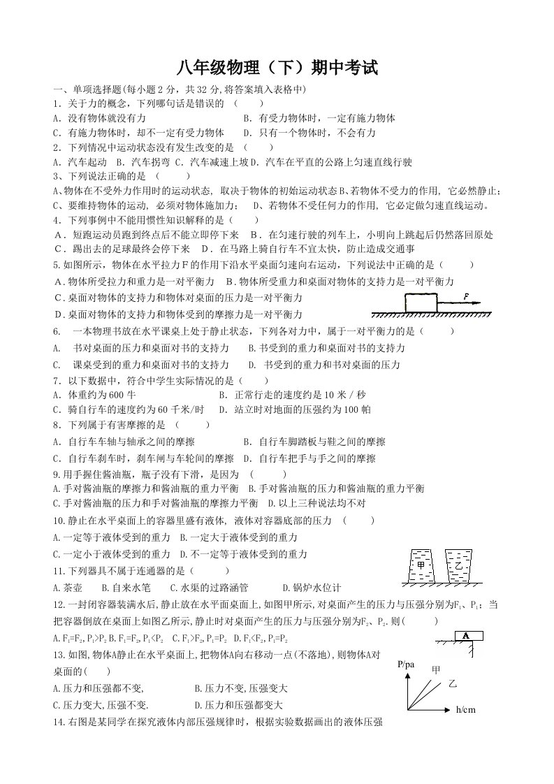 2012-2013新人教版八年级物理(下)期中考试试题及答案