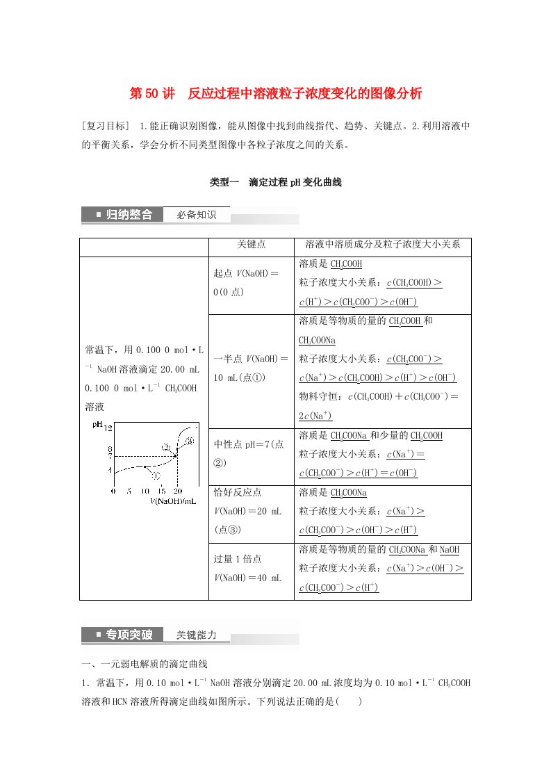 新教材宁陕2024届高考化学一轮复习教案第8章物质在水溶液中的行为第50讲反应过程中溶液粒子浓度变化的图像分析鲁科版