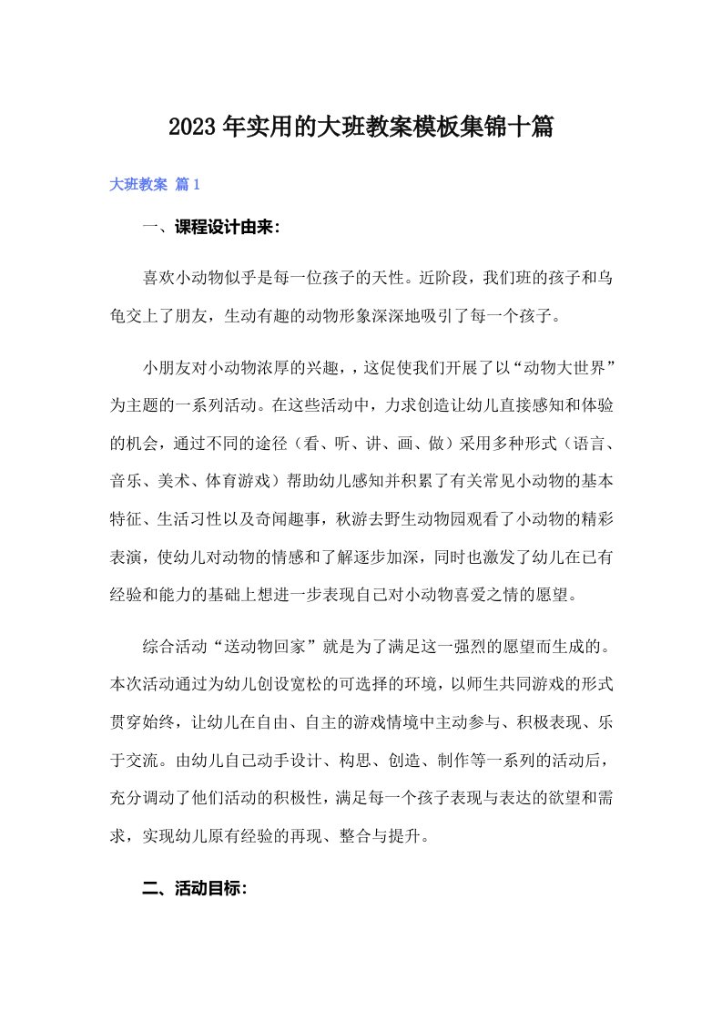 实用的大班教案模板集锦十篇