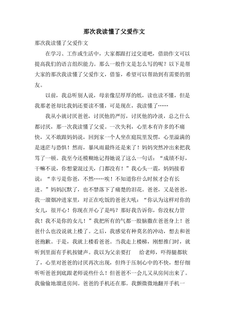 那次我读懂了父爱作文