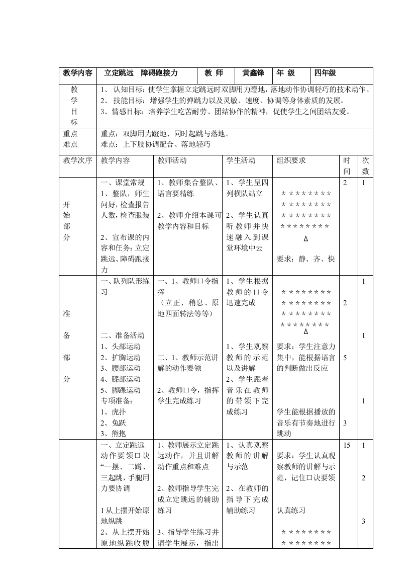 四年级立定跳远教案-黄鑫锋