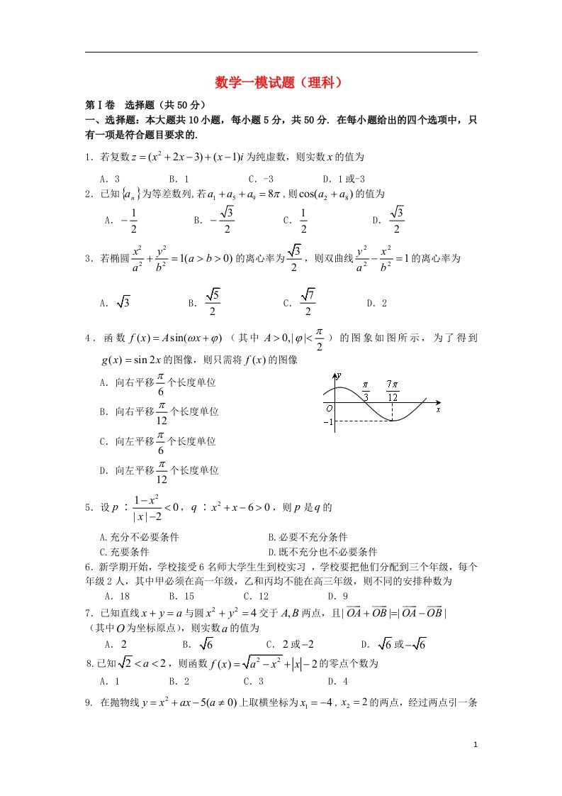 陕西省师大附中高三数学上学期第一次模拟考试试题