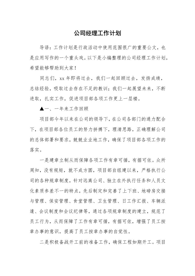 公司经理工作计划