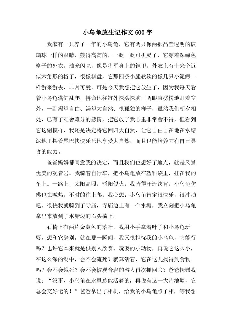 小乌龟放生记作文600字