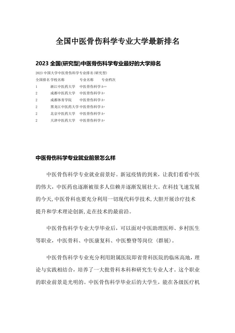 全国中医骨伤科学专业大学最新排名