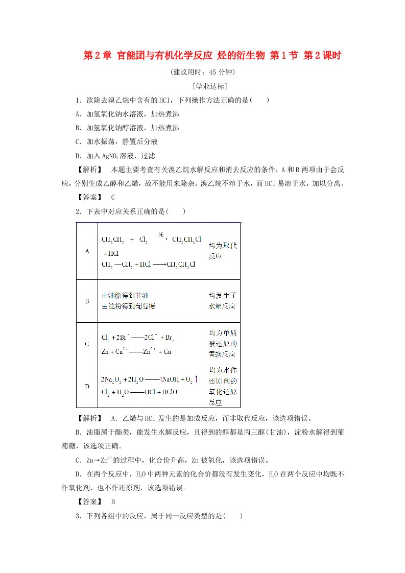 高中化学第2章官能团与有机化学反应烃的衍生物第1节有机化学反应类型第2课时学业分层测评鲁科版