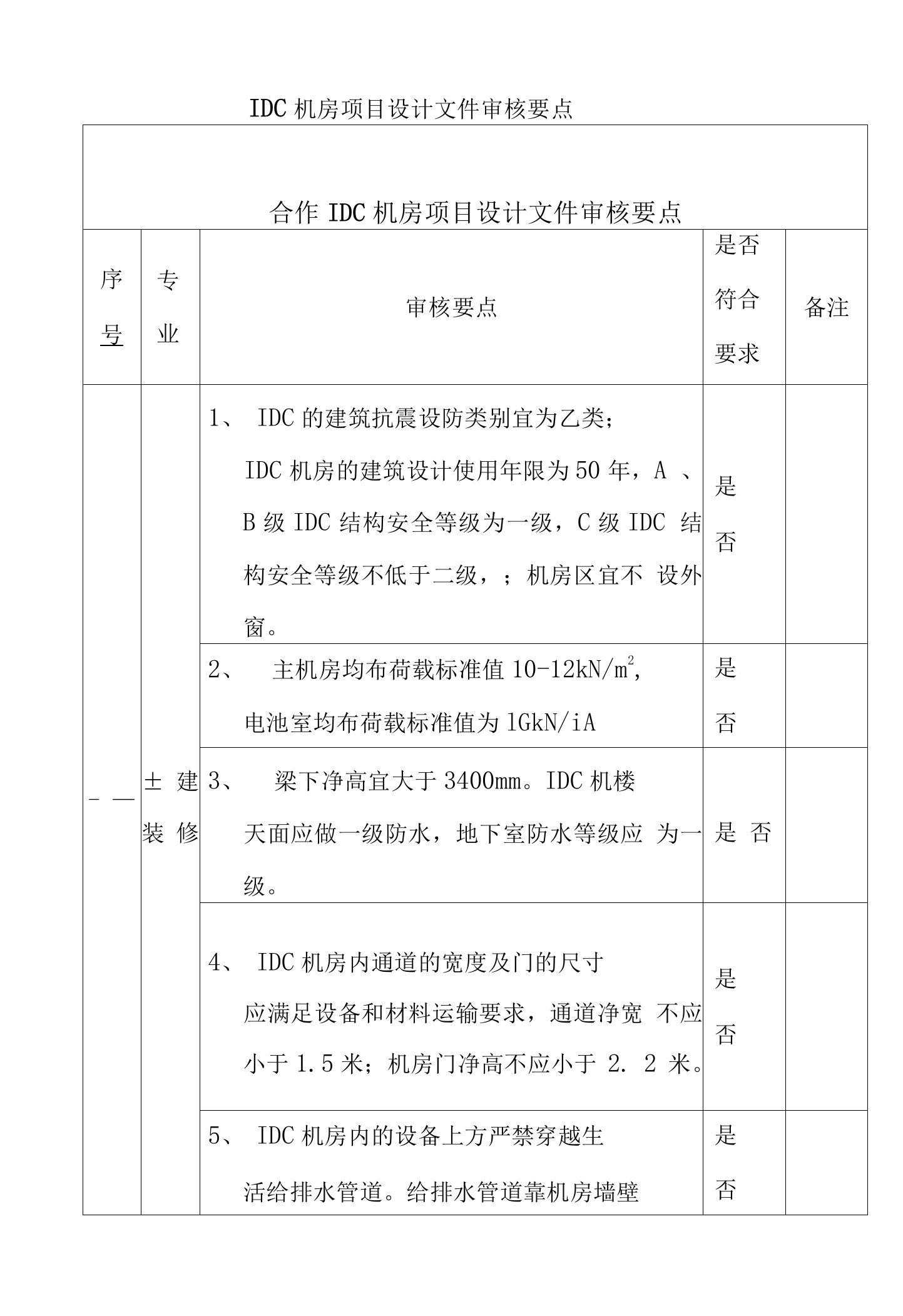 IDC机房项目设计文件审核要点