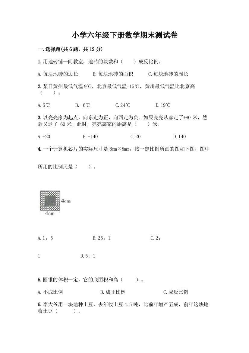 小学六年级下册数学期末测试卷带答案【满分必刷】