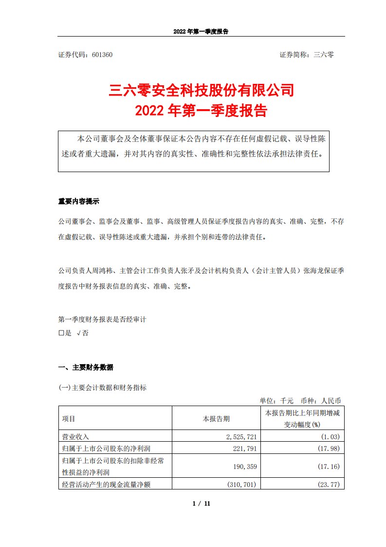 上交所-三六零安全科技股份有限公司2022年第一季度报告-20220421