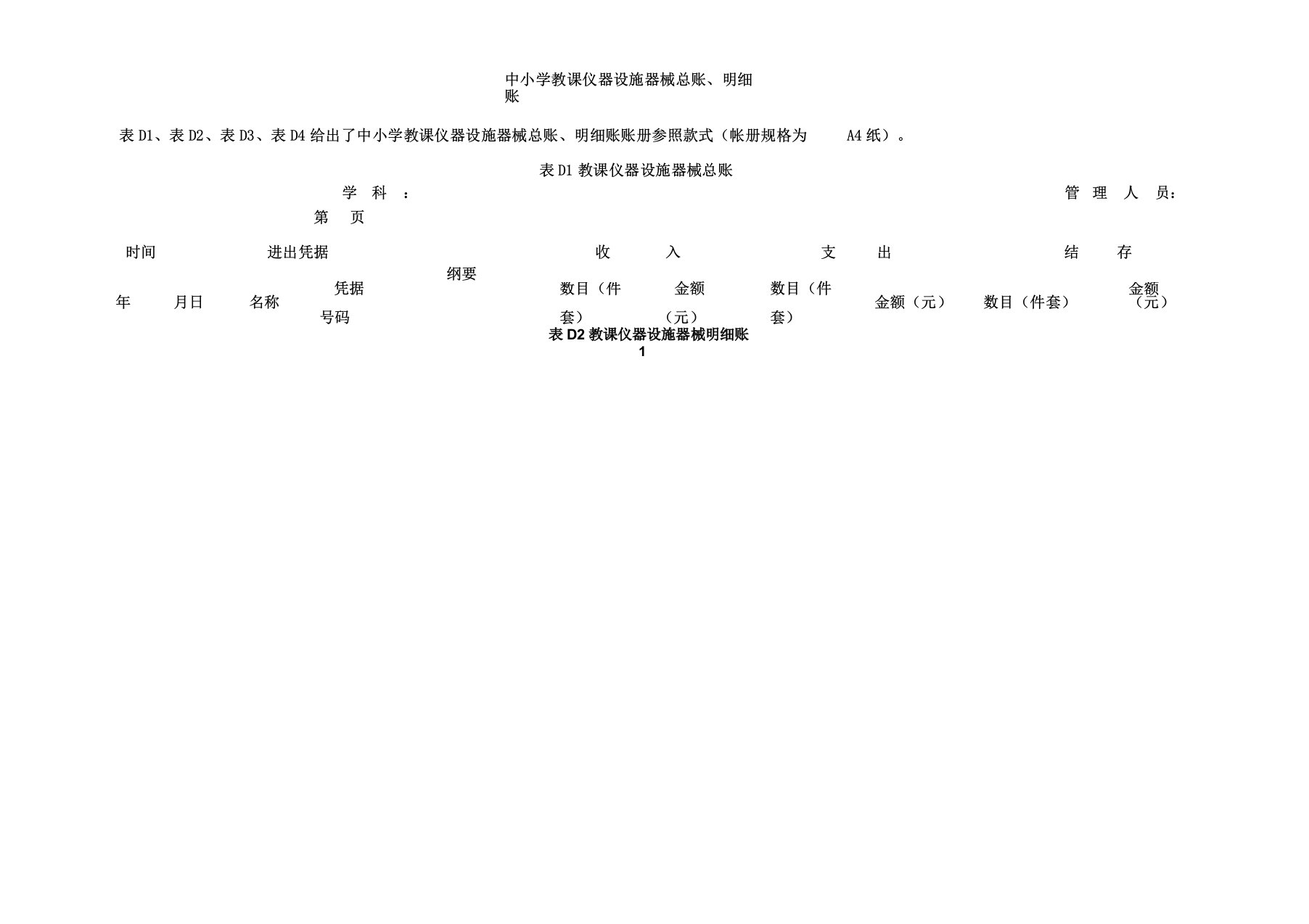 中小学教学仪器设备器材总账明细账