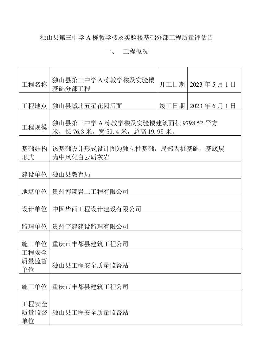 独山县第三中学A栋教学楼及实验楼基础分部工程小伍