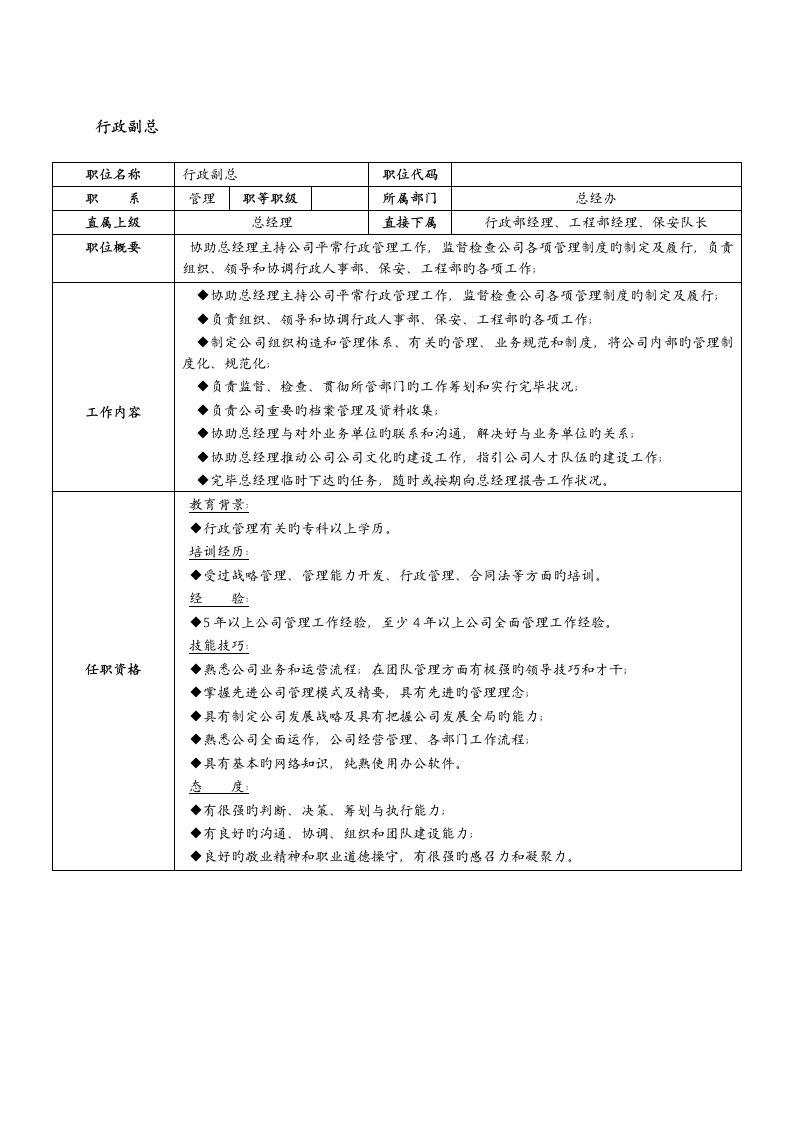 物业管理企业行政副总岗位基本职责