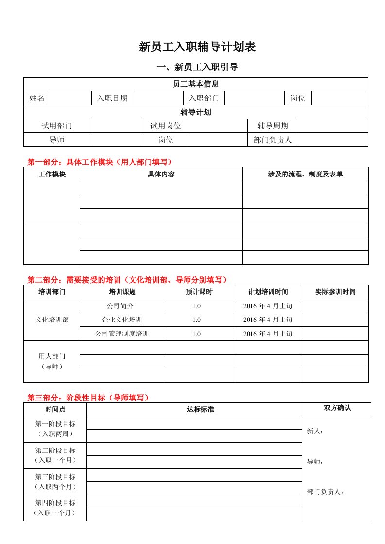 精品文档-入职地图新员工入职辅导计划表行政人事CLUB