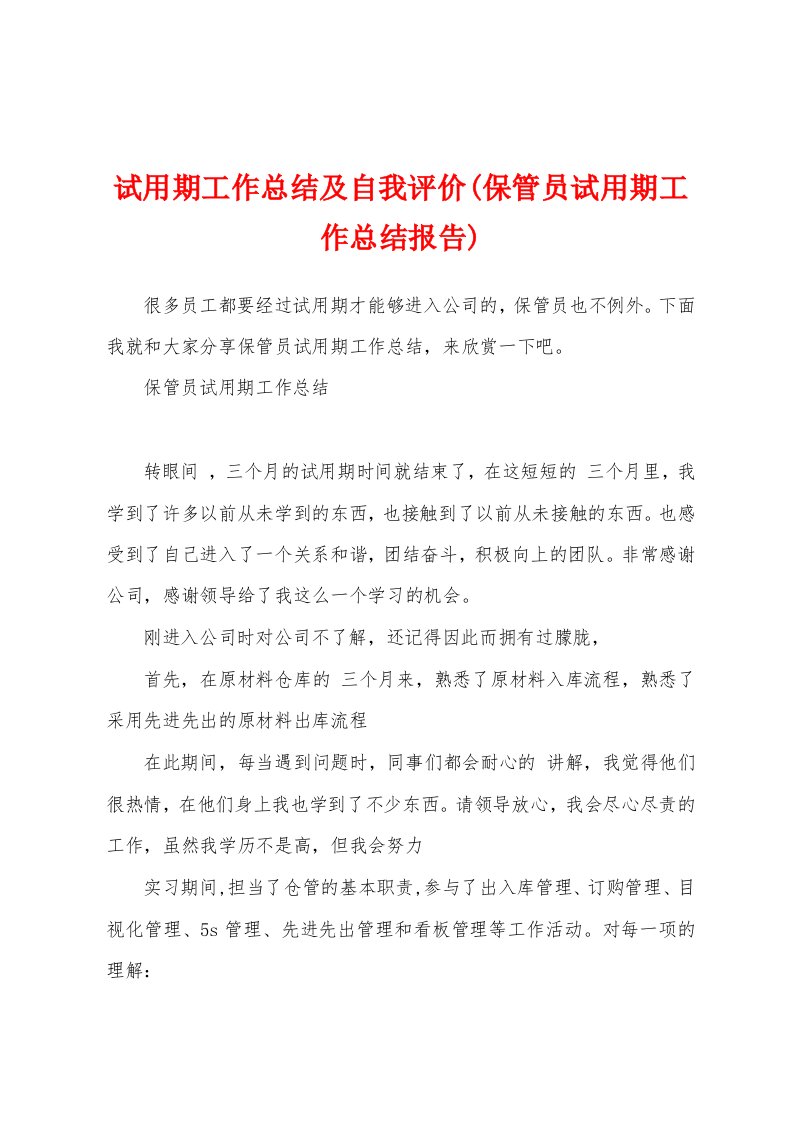 试用期工作总结及自我评价(保管员试用期工作总结报告)