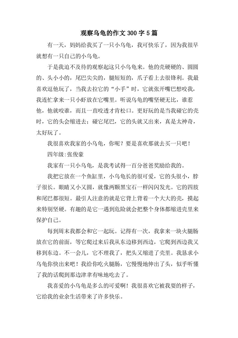 观察乌龟的作文300字5篇