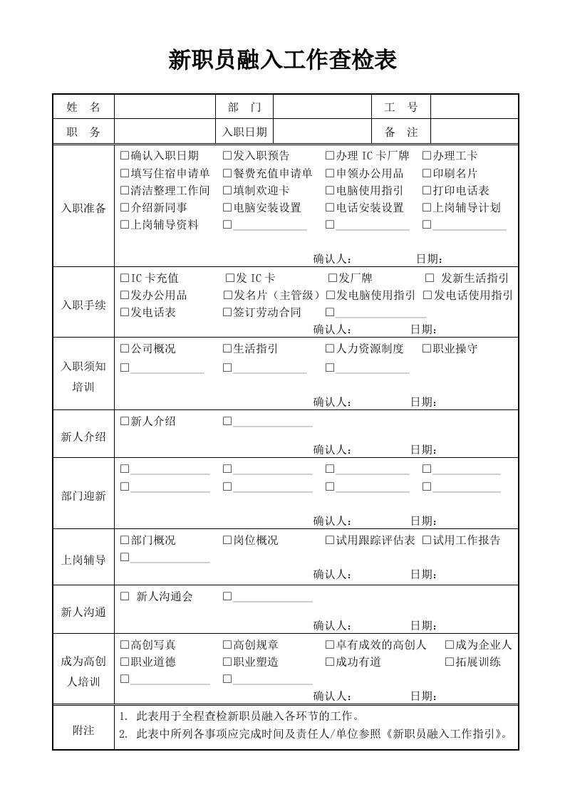 新职员融入工作查检表