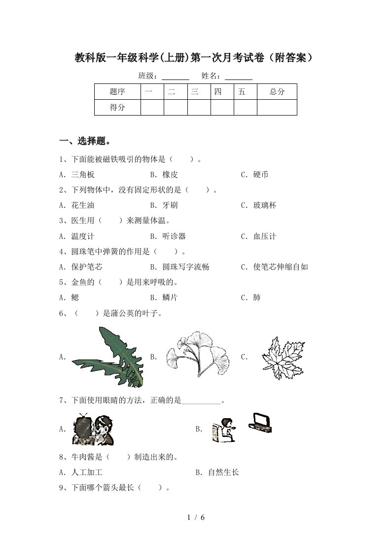 教科版一年级科学上册第一次月考试卷附答案