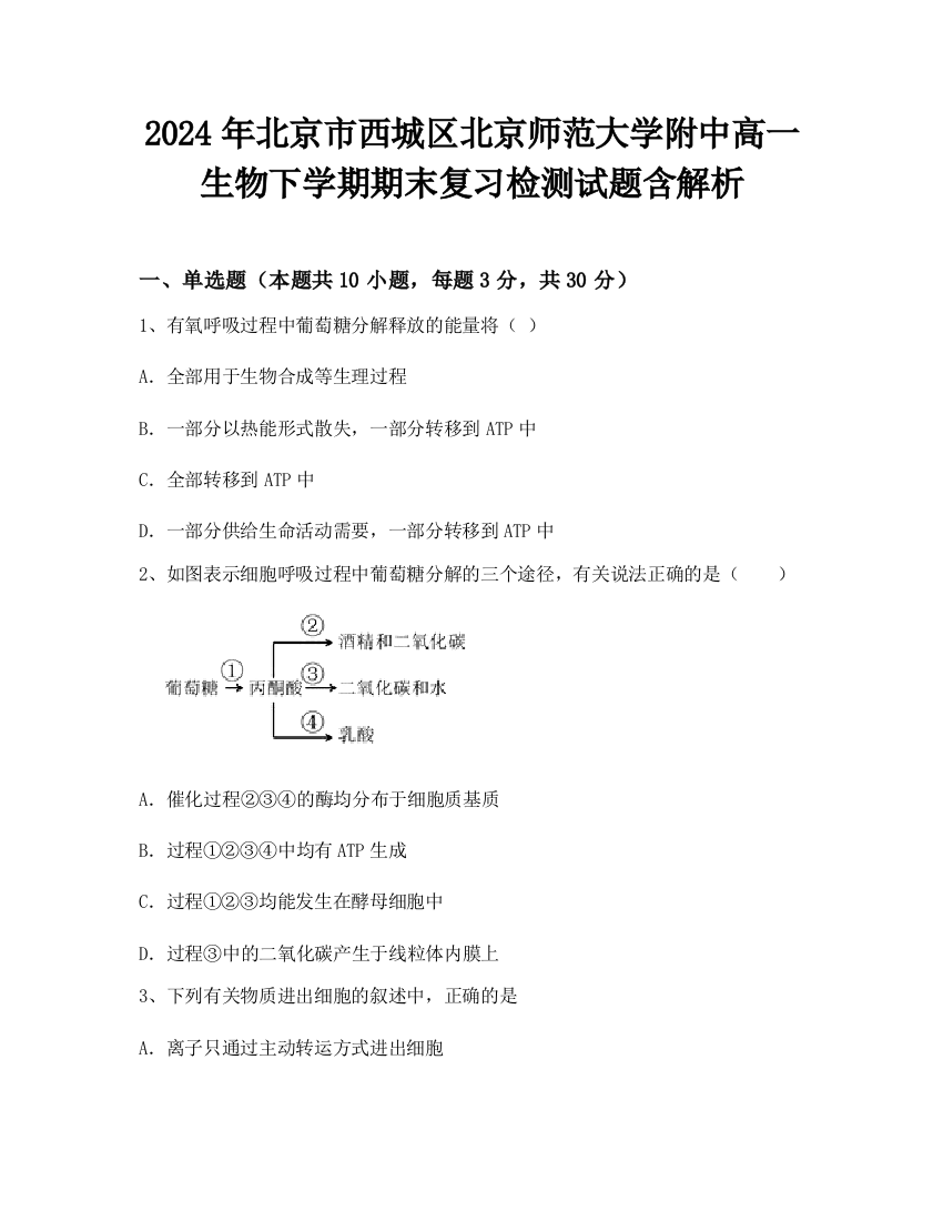 2024年北京市西城区北京师范大学附中高一生物下学期期末复习检测试题含解析