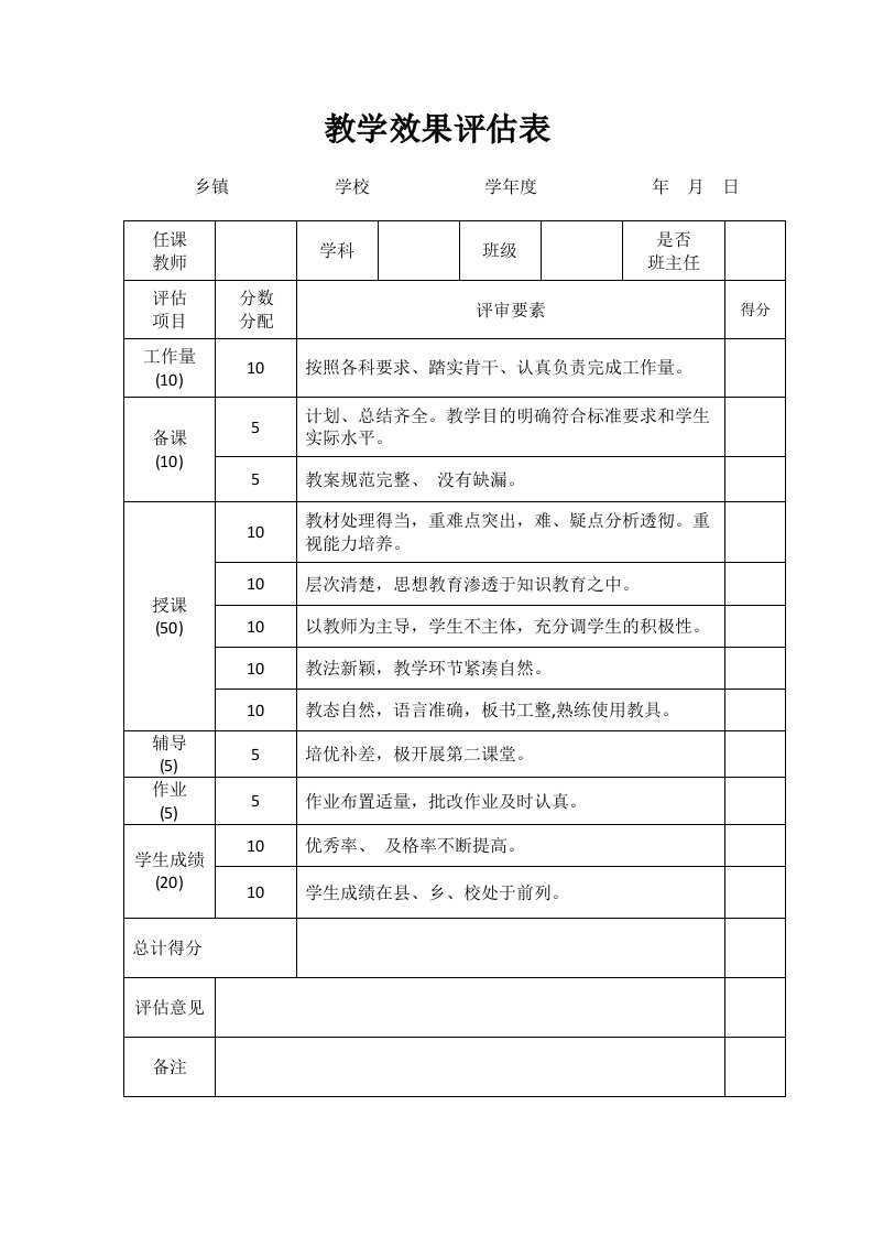 小学语文教学效果评估表