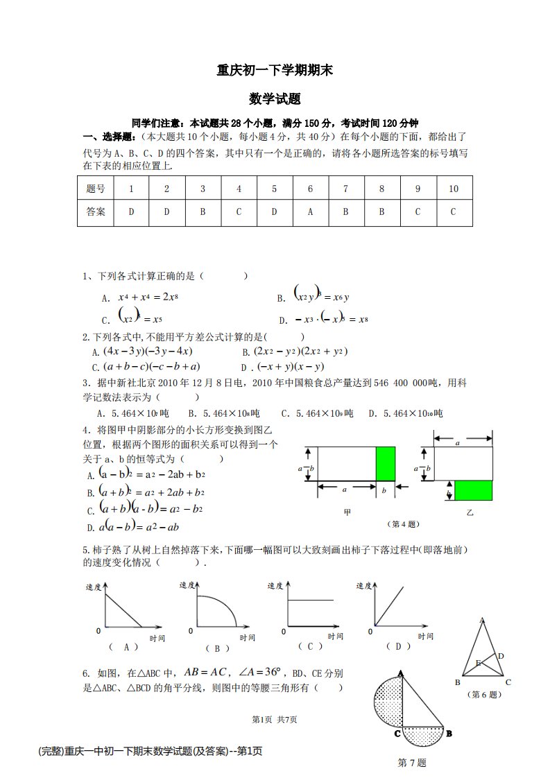 (完整)重庆一中初一下期末数学试题(及答案)