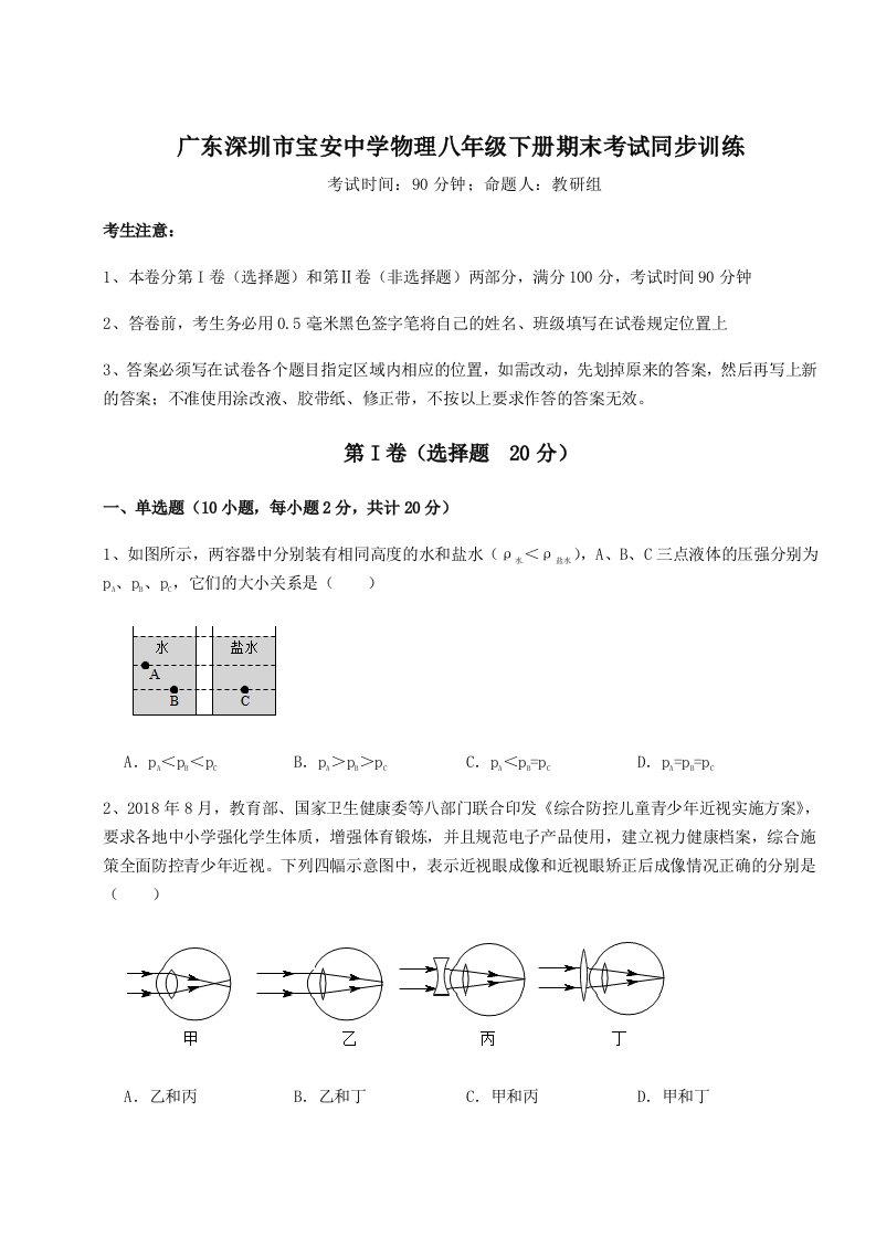 专题对点练习广东深圳市宝安中学物理八年级下册期末考试同步训练试题（解析版）