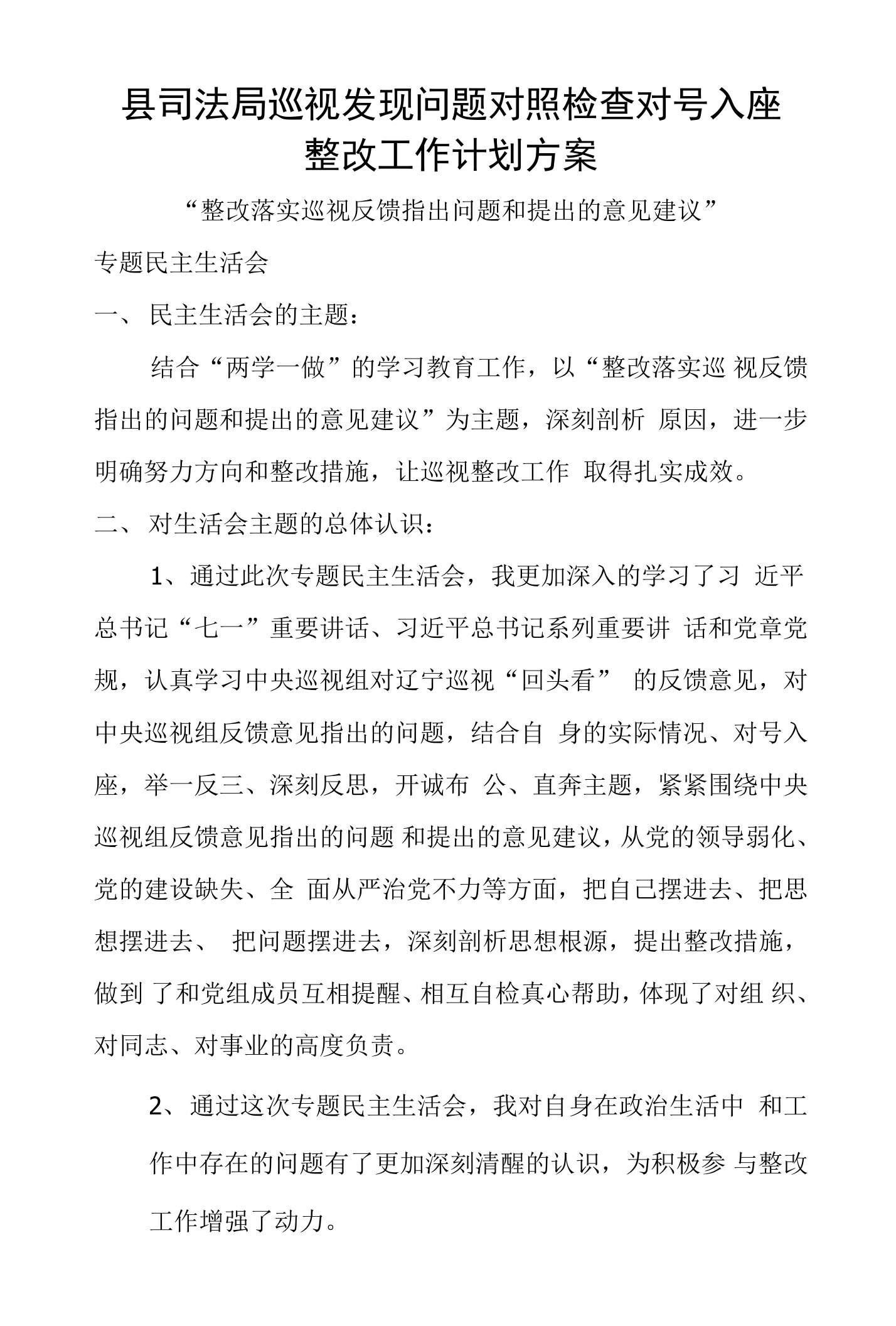 县司法局巡视发现问题对照检查对号入座整改工作计划方案