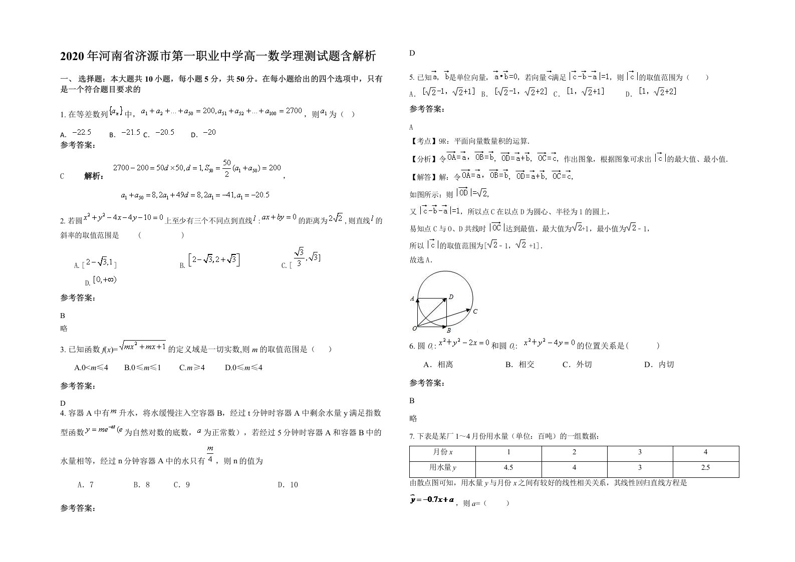 2020年河南省济源市第一职业中学高一数学理测试题含解析