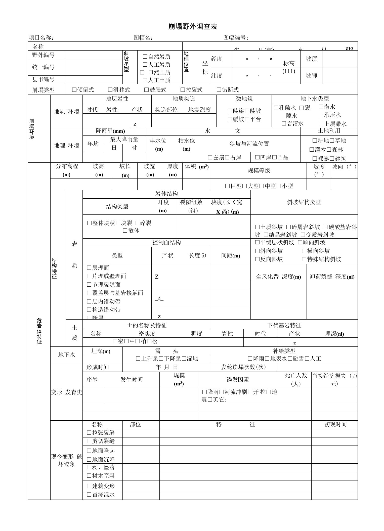 崩塌野外调查表