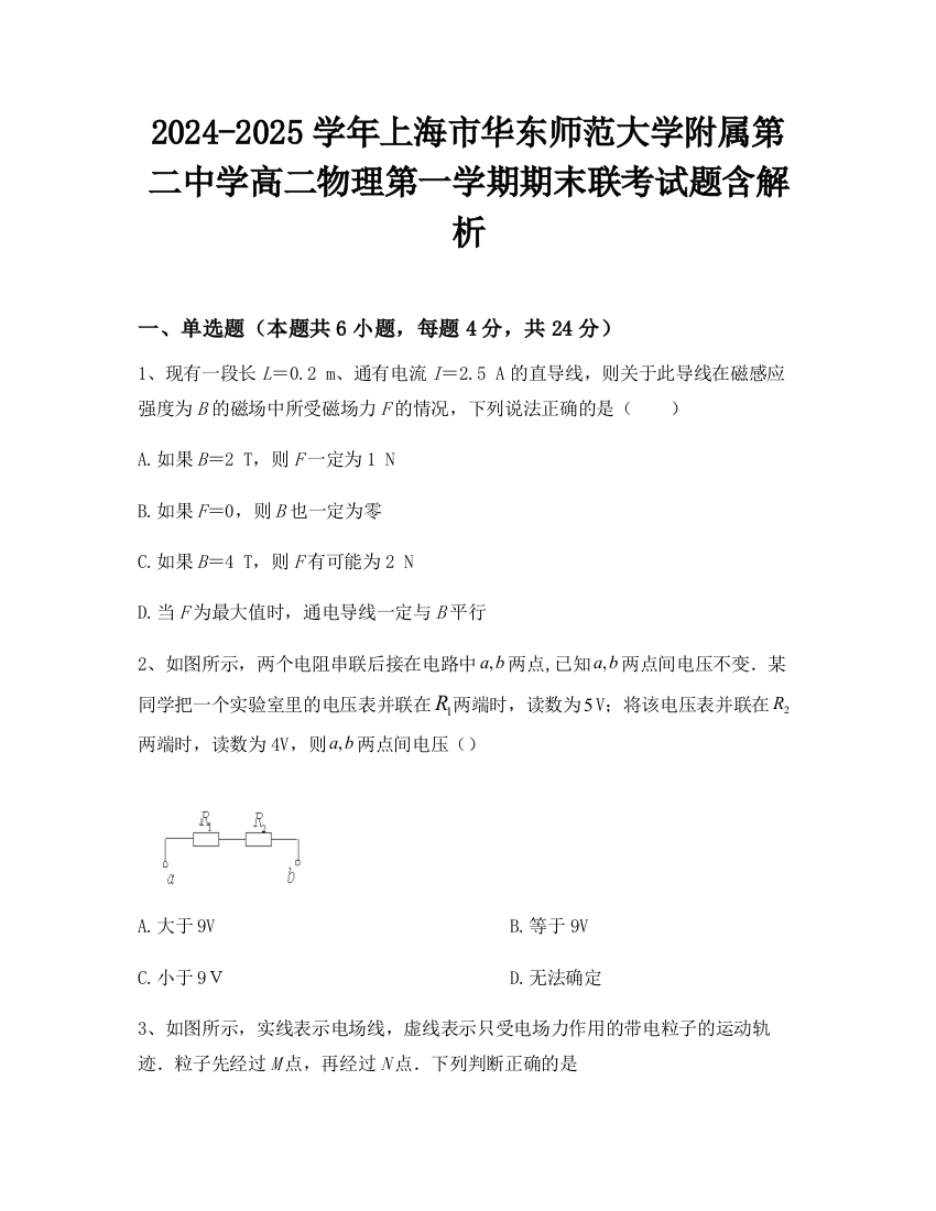 2024-2025学年上海市华东师范大学附属第二中学高二物理第一学期期末联考试题含解析