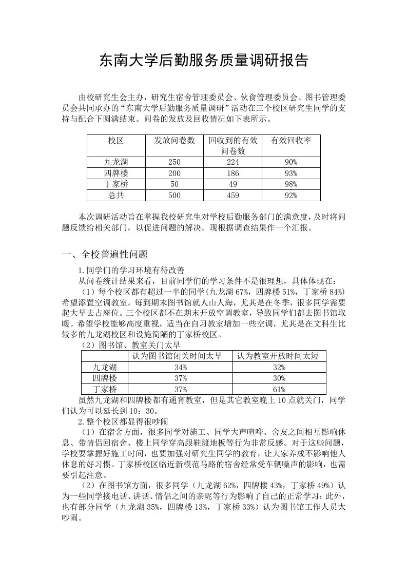 东南大学后勤服务质量调研研究报告