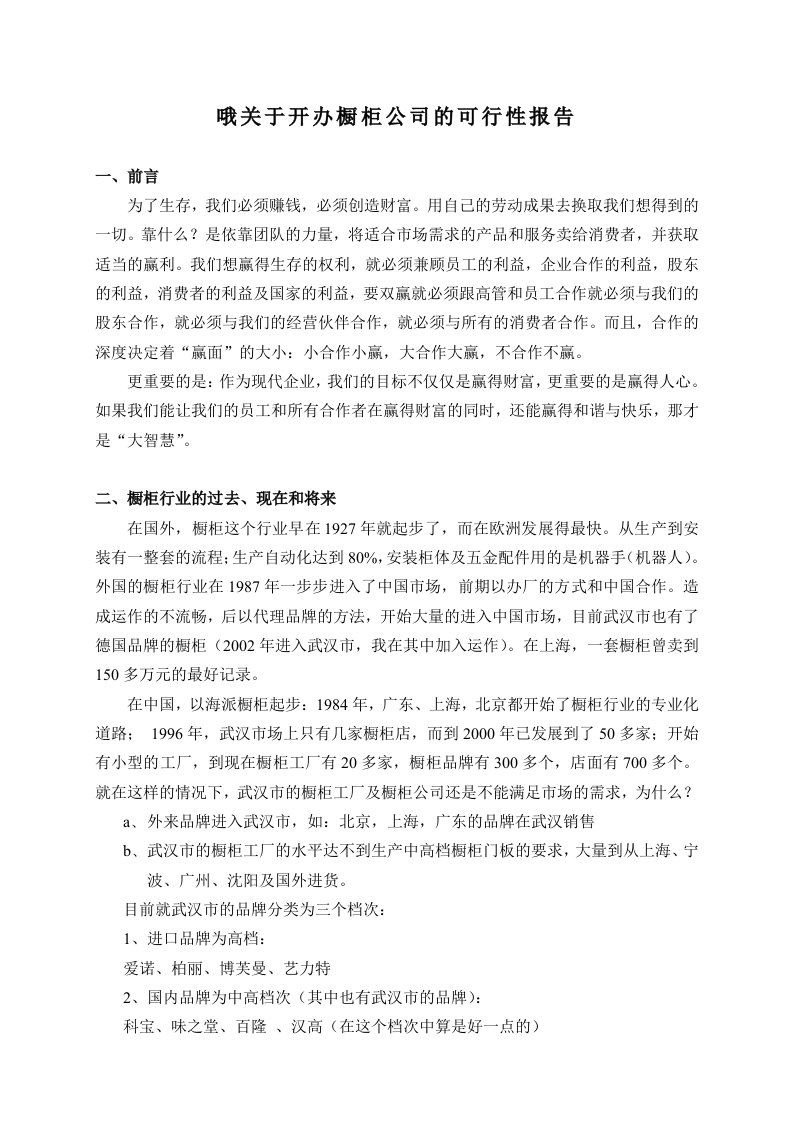 关于开办橱柜公司的可行性报告