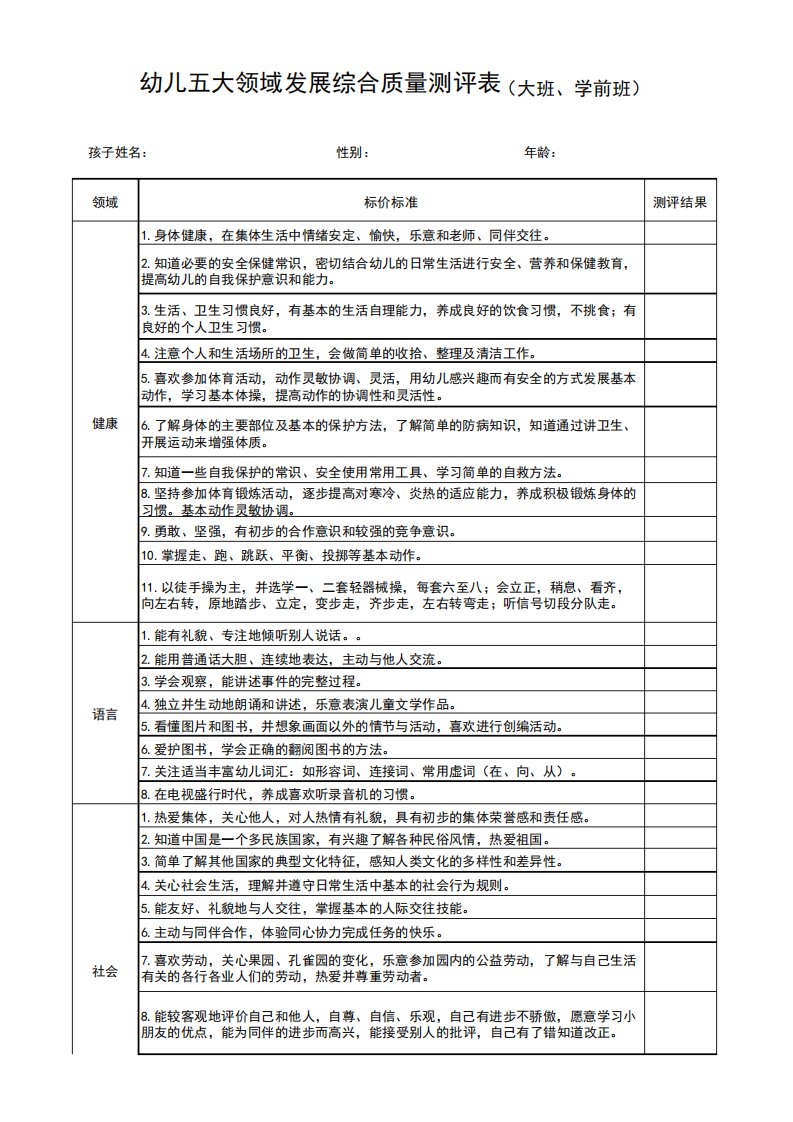 幼儿园五大领域评价表