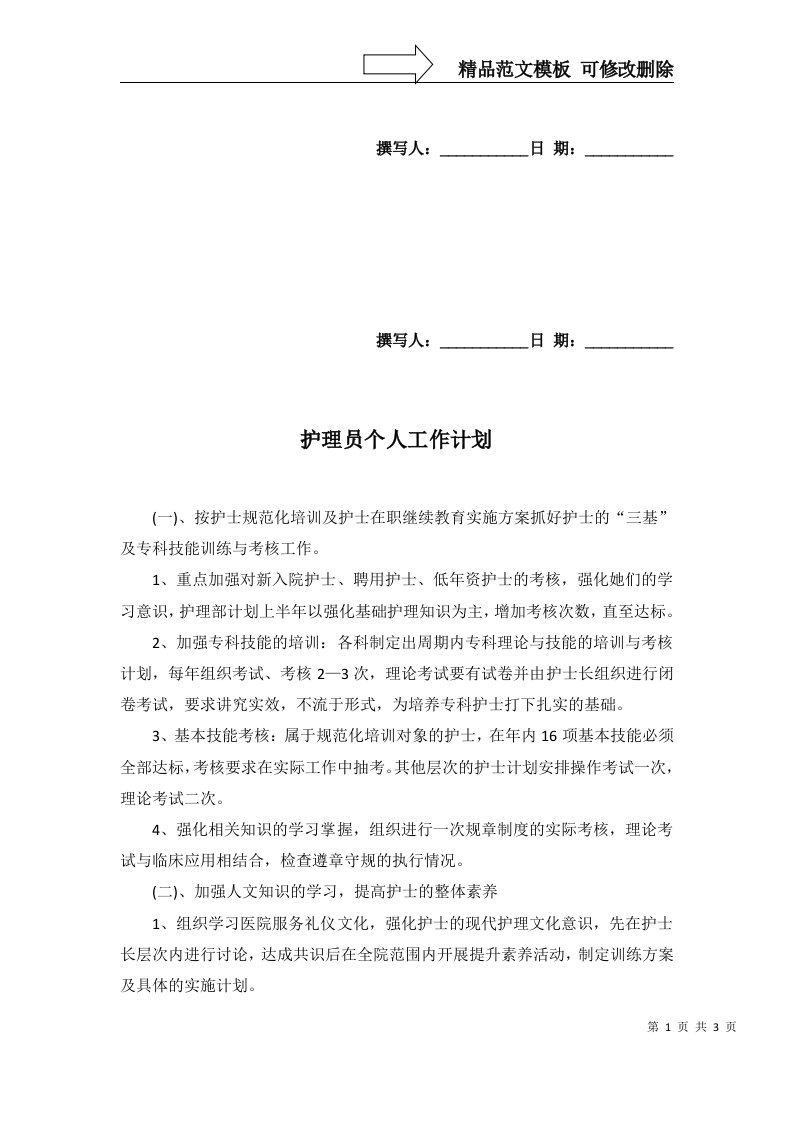 2022年护理员个人工作计划