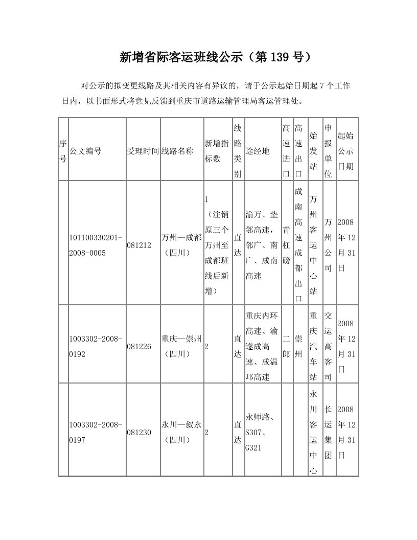 新增省际客运班线公示(第139号)