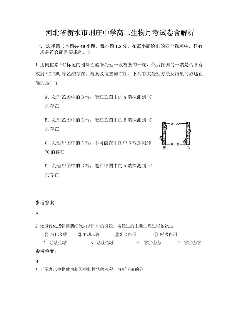 河北省衡水市刑庄中学高二生物月考试卷含解析