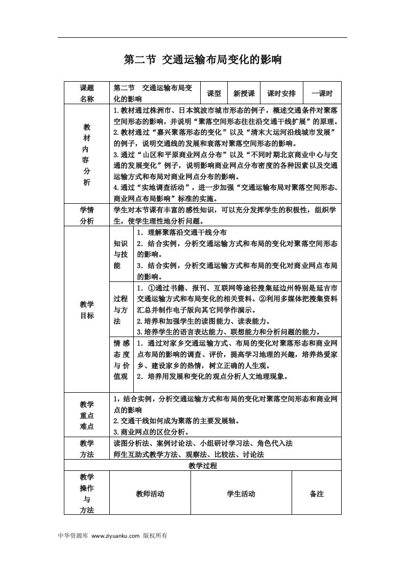 《交通运输布局变化的影响》教案1（新人教版必修2）.doc