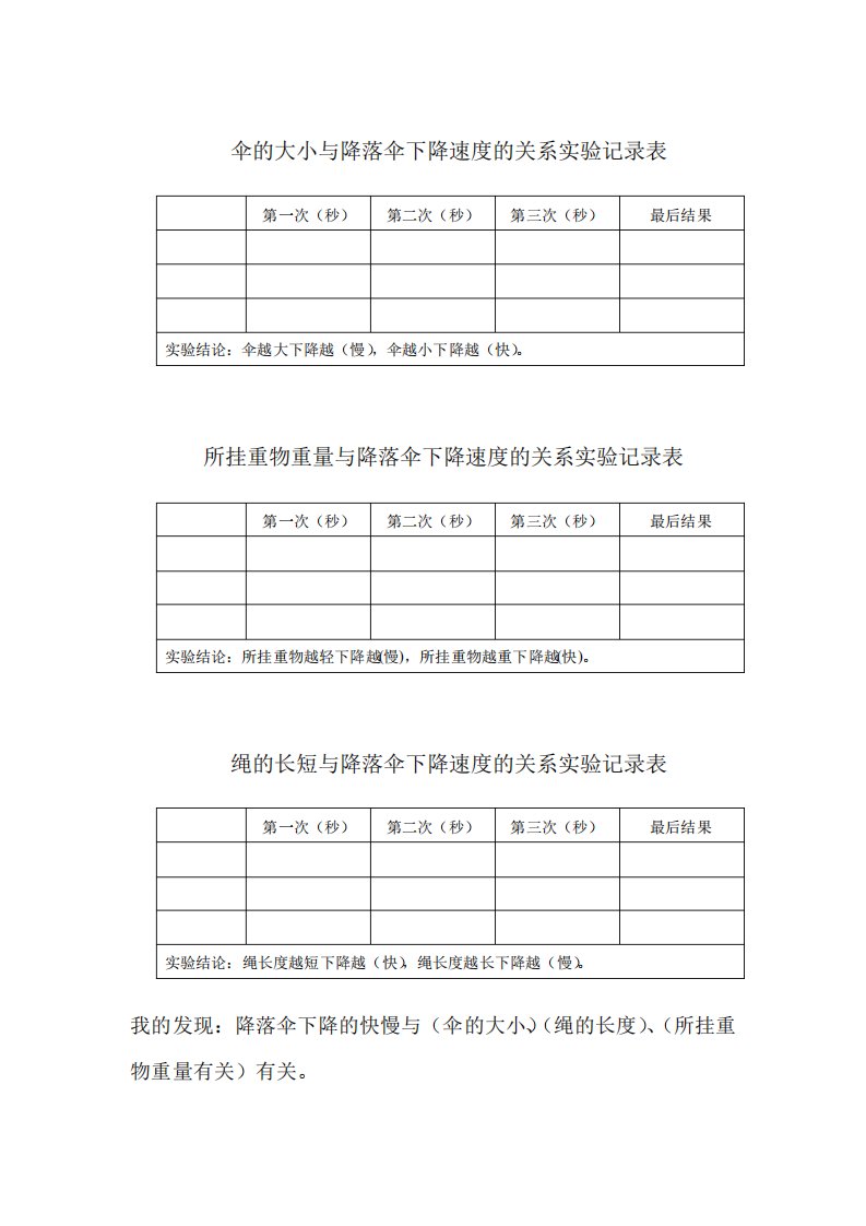 与降落伞下降速度的关系实验记录表