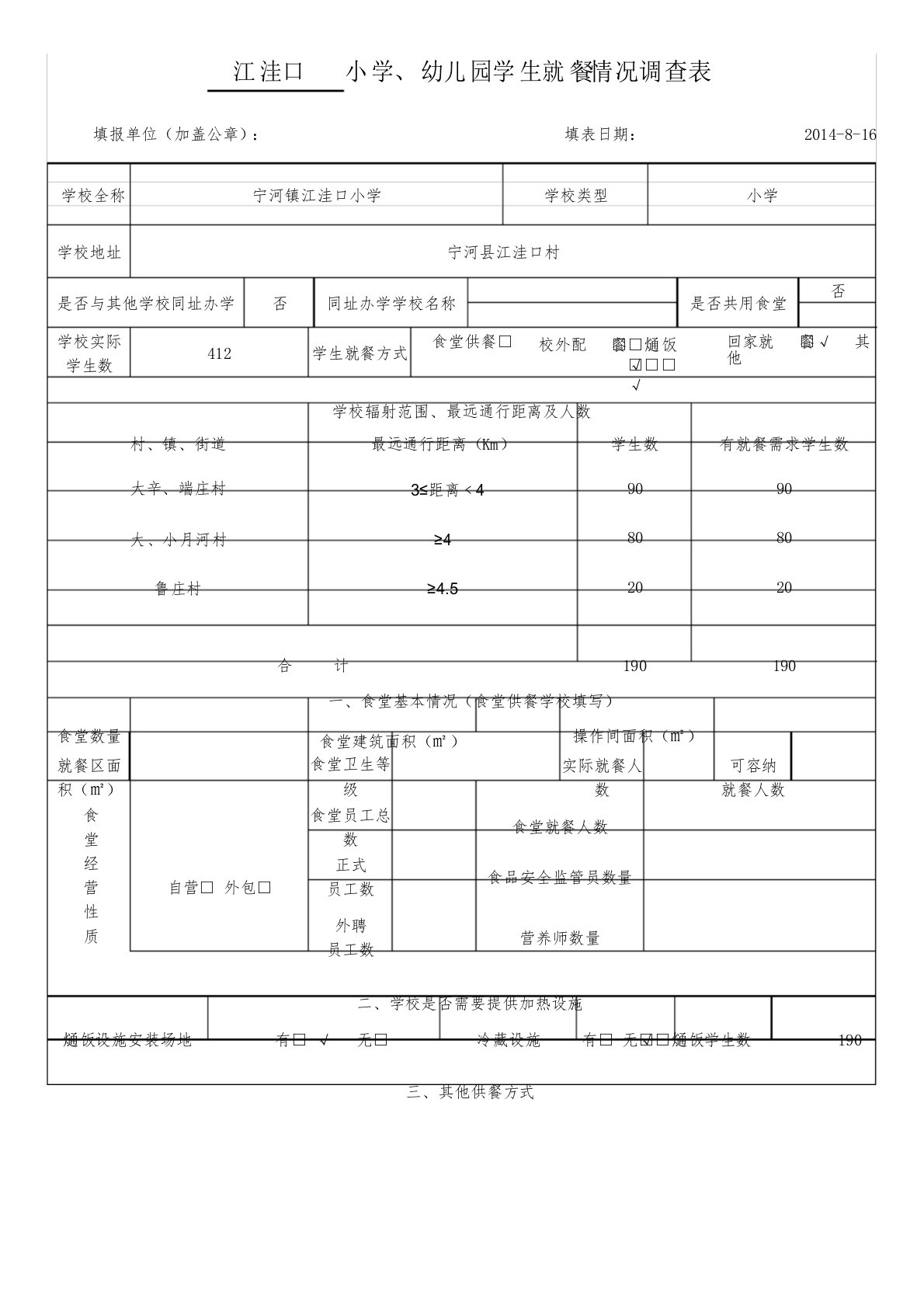 江洼口小学学生就餐调查表