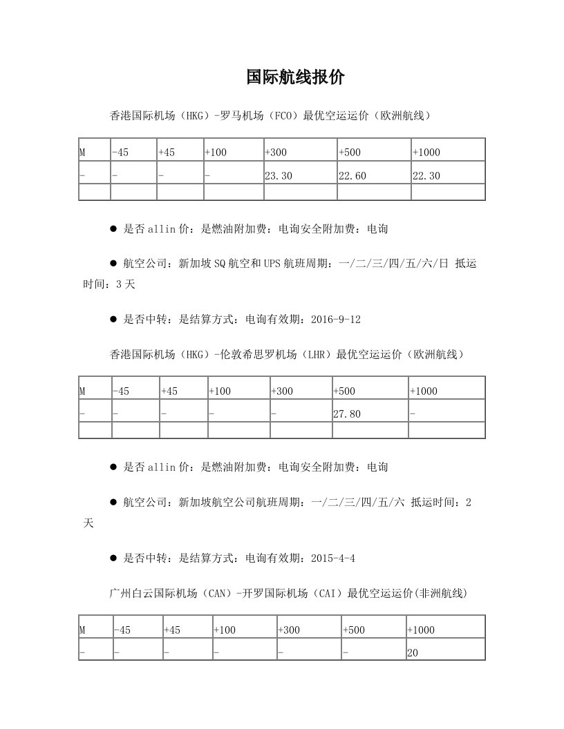 国际航线报价