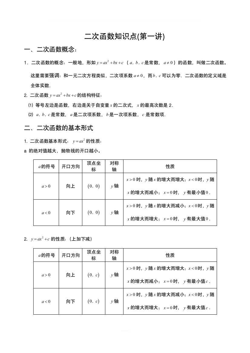 二次函数知识点汇总(全)