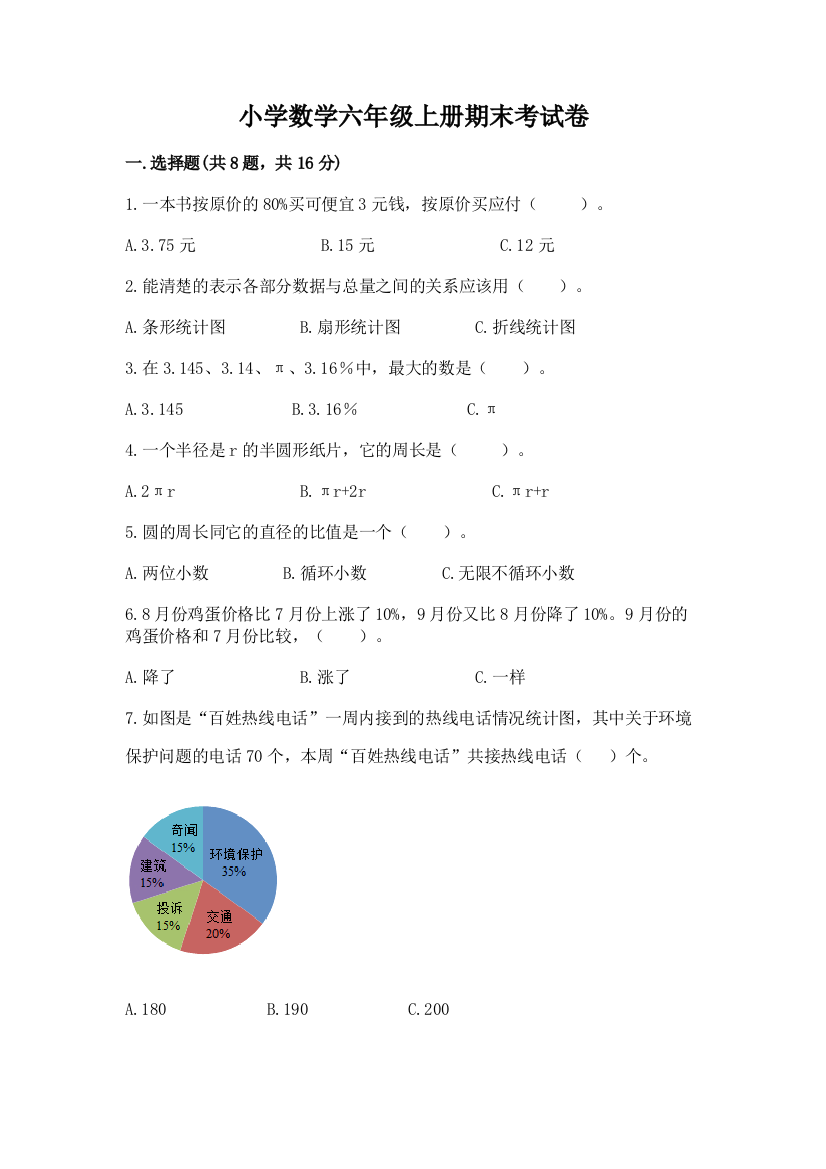 小学数学六年级上册期末考试卷及完整答案(名师系列)