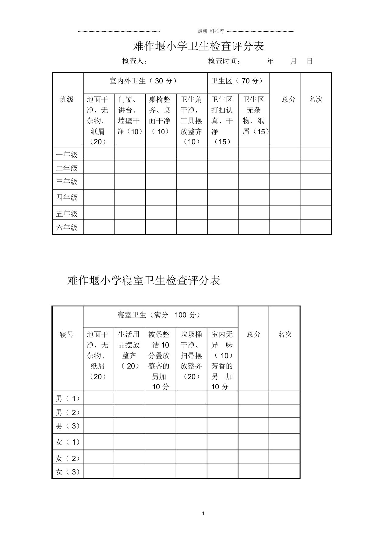 小学卫生检查评分表