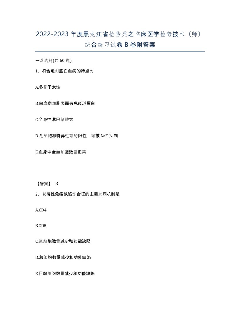 2022-2023年度黑龙江省检验类之临床医学检验技术师综合练习试卷B卷附答案