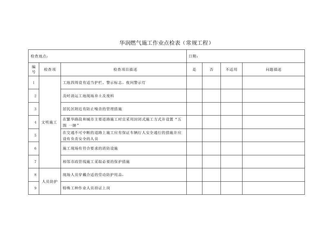 华润燃气施工作业点检表（常规工程）