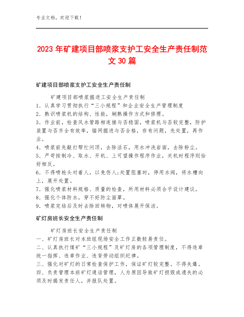 2023年矿建项目部喷浆支护工安全生产责任制范文30篇